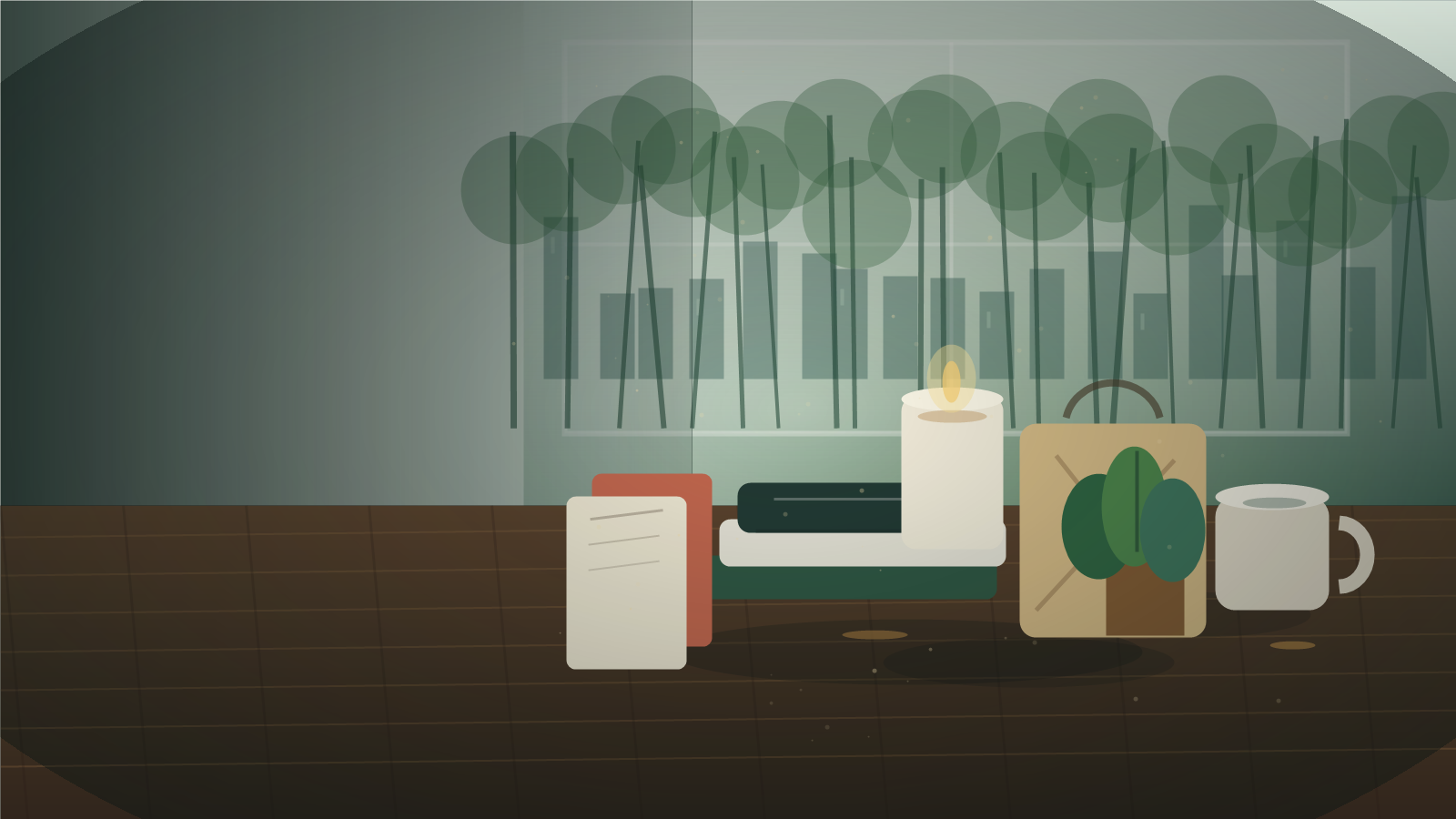 Illustrated storefront table with forest-inspired goods and city greenery